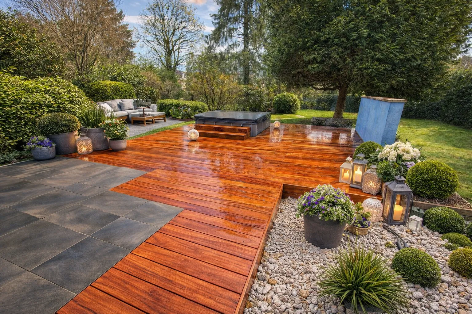 Terrasse en Cumaru rouge autour d’un spa à Sarreguemines