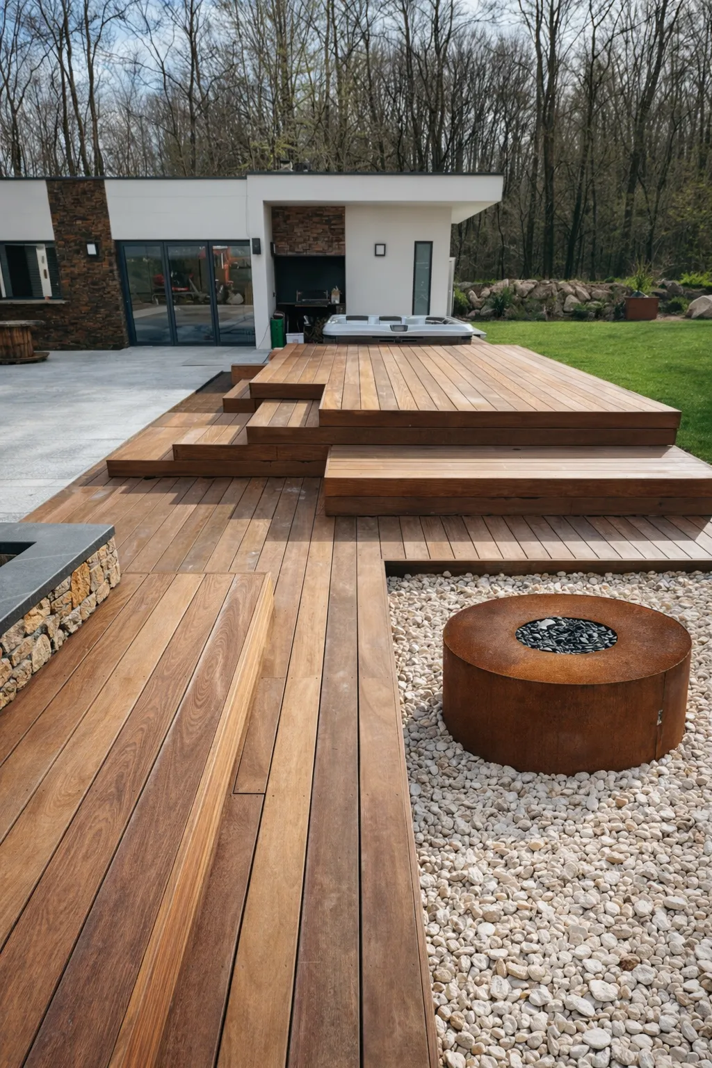 Aménagement complet : terrasse, banquette et habillage de spa en bois exotique à Sarreguemines