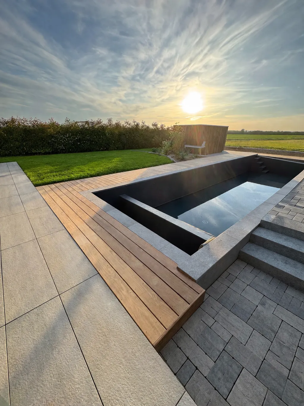 Terrasse en bois exotique Cumaru et banc sur mesure autour d’une piscine à Metz