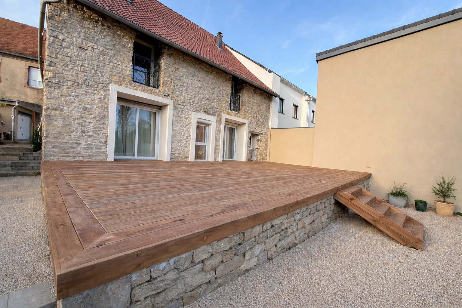 Terrasse en pin brun avec escalier sur mesure à Forbach
