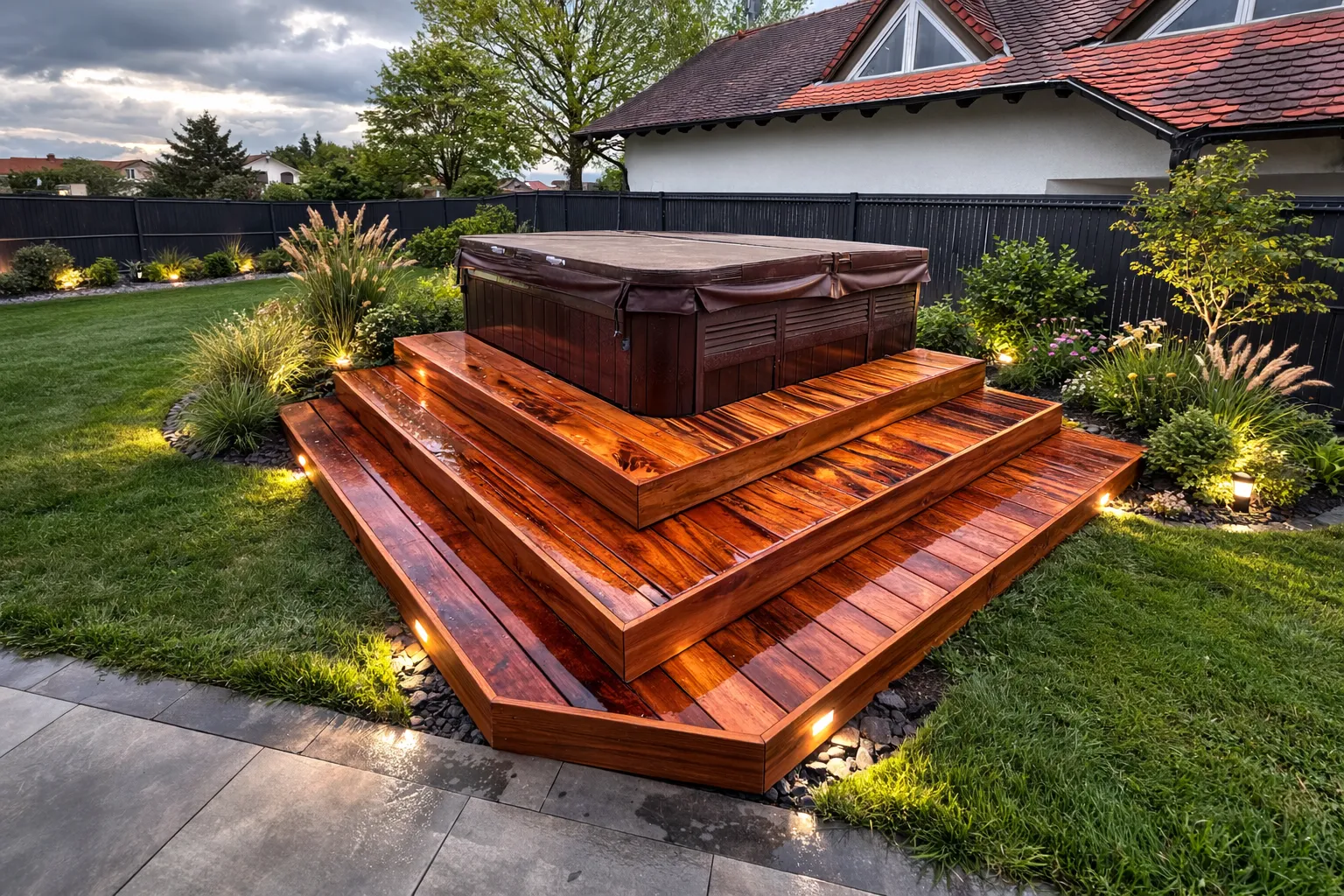 Habillage de spa en Tiger Wood avec escalier à Metz