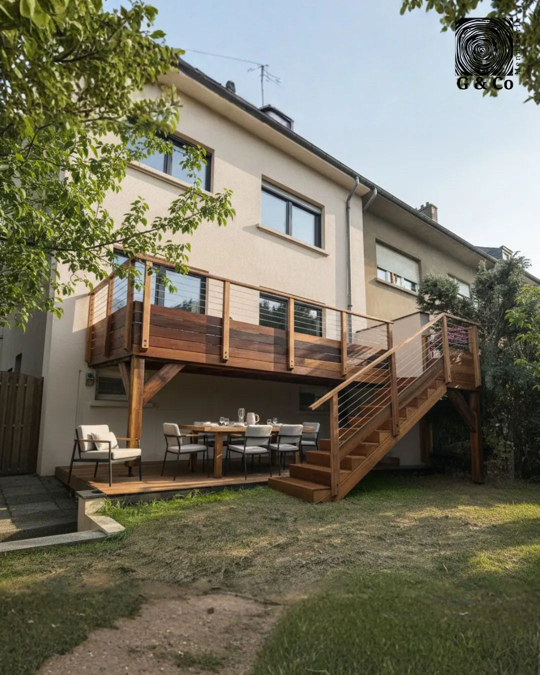 Terrasse sur pilotis en Cumaru rouge au Luxembourg